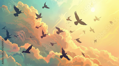 Design a unique backdrop background that harmoniously merges the beauty of the sky with the concept of freedom The illustrator should create a visually captivating