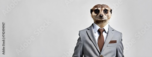 Portrait of a meerkat in a business suit on a plain background, working in a corporate office with copy space, business concept © 360VP