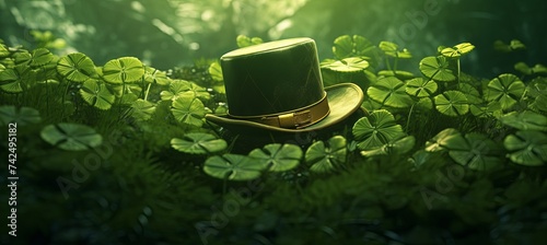 Green shamrock lucky top hat as St Patrick's day symbol and luck icon of Irish tradition with magical four leaf clover.