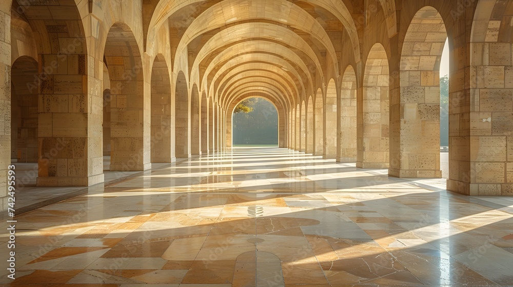 Majestic Hallway with Arches and Marble in Golden Hues