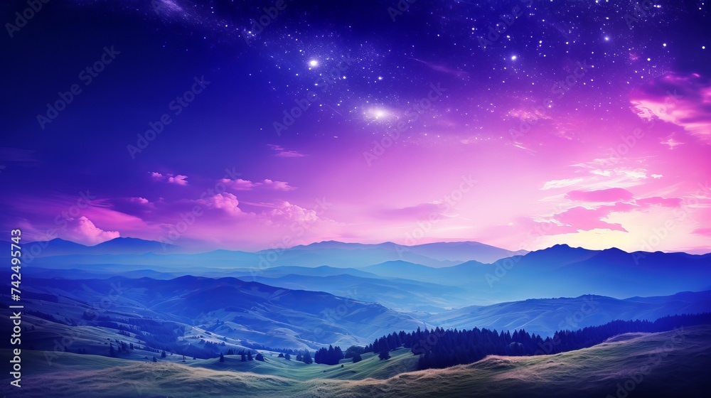 Landscape with purple Milky Way. Night sky with stars and hills at summer. Beautiful universe. Space background
