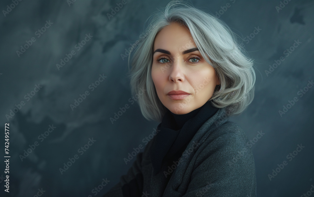 Fashion portrait of 40 year old woman with gray hair, the main trendy trend of the season