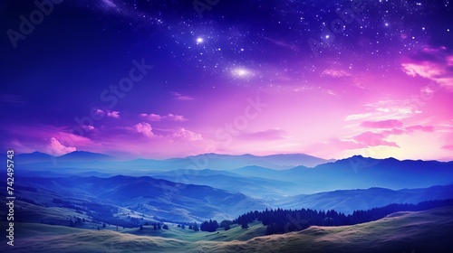 Landscape with purple Milky Way. Night sky with stars and hills at summer. Beautiful universe. Space background