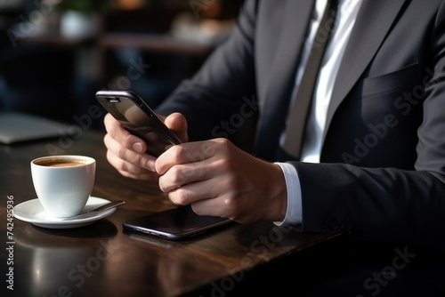 The hand of a businessman engaged with a smartphone