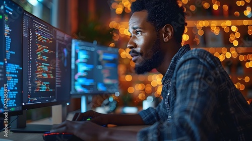 Software Developer Working on Multiple Monitors in a Festive Workspace