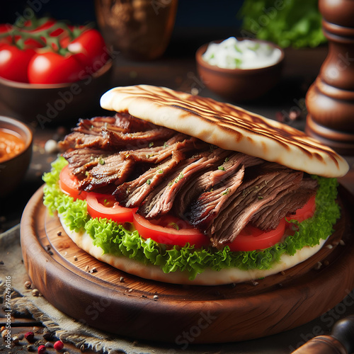 Juicy layers of seasoned meat slowroasted to juicy perfection over an open flame served on a fluffy pita with crisp lettuce juicy tomatoes and a generous serving of creamy photo