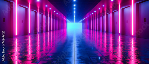 Neon blue lights illuminate a futuristic tunnel, creating a vibrant and modern space with an abstract, technological edge