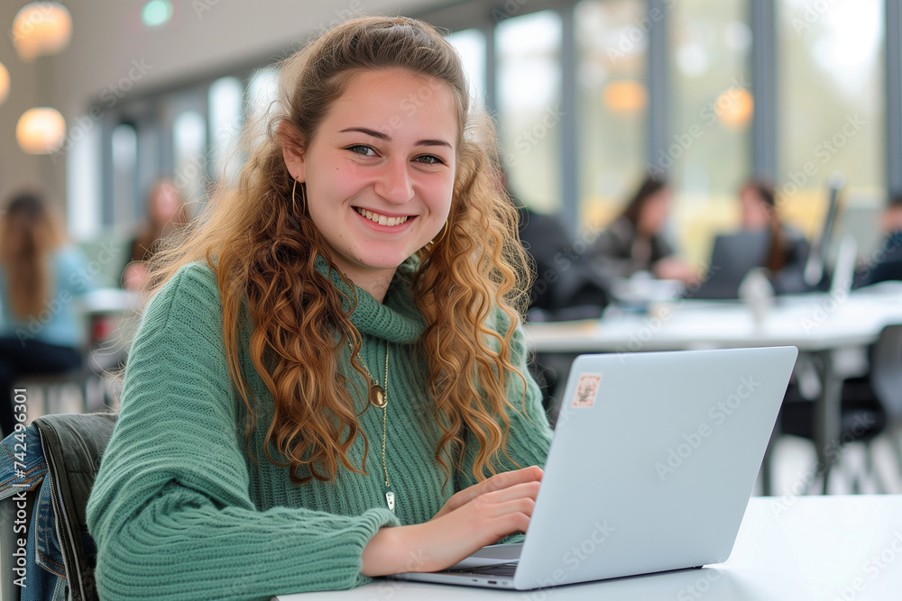 young smiling woman using laptop at the office young smiling woman using laptop at the office
