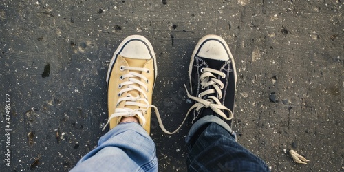 Mismatched Shoes - A close-up of feet wearing intentionally mismatched shoes, hinting at a hurried or distracted morning.