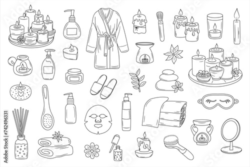 Spa, relax, candle doodle set. Makeup, beauty care outline icons. Natural cosmetic, spa and self care concept.