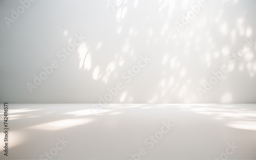 Minimalistic light background with blurred foliage shadow on a white wall. Beautiful background for presentation. photo