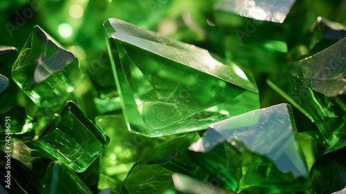 Many pieces of broken glass in green