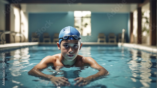 A boy in a swimming pool wearing goggles