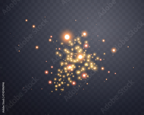 Orange glittering dots, particles, stars magic sparks. Glow flare light effect. Gold luminous points. Vector particles on transparent background.