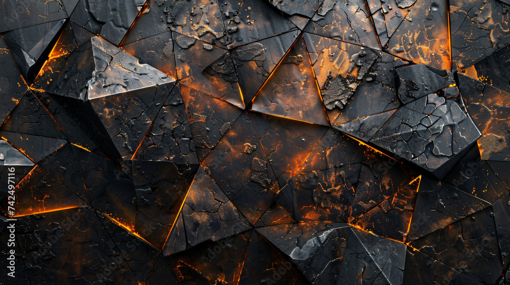 geometrical black and golden triangles background, in the style of rusty debris, luminous 3d objects, shaped canvas