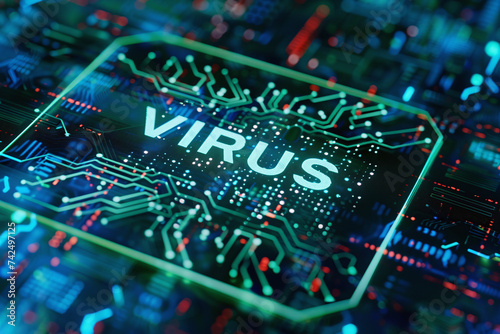 “Virus” - the inscription is illustrated on the digital screen with numbers and letters in the background as result of hacker attack. Cyber security and hack attacks concept