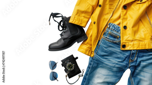 black boot , watch, blue jeans, belt, wallet, sunglasses, office shirt, isolated on transparent and white background.PNG image