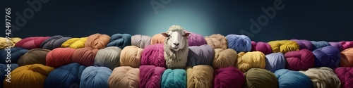 A sheep among lots of wool, colourful, banner for textile or wool company