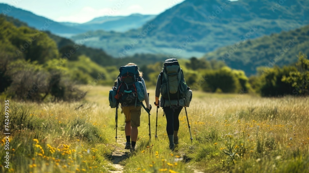 Two Hikers Trekking on a Sunny Trail with Mountain Backdrop, rucking routes that are laid against the backdrop of beautiful natural landscapes,