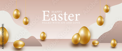 Beige Easter card with golden eggs. Easter background, wallpaper, poster, banner