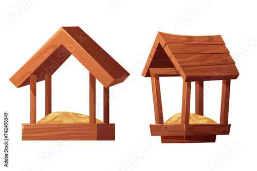 Set wooden bird feeder with roof and seeds inside isolated on white background. Hanging construction, bird care.