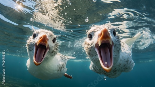 Mediterranean gulls flying in the sky with a barrel jellyfish underwater, split view above and below water surface, Spain, Catalonia, Girona photo