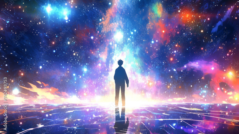 young people standing looking at the galaxy background - obrazy, fototapety, plakaty 