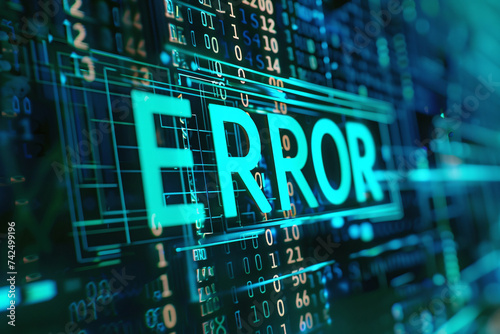 “Error” - the inscription is illustrated on the digital screen with numbers and letters in the background as result of hacker attack. Cyber security and hack attacks concept