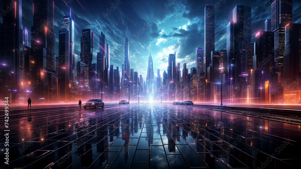 Futuristic city at night with neon lights. 3D rendering