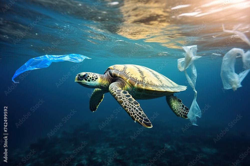 Fototapeta premium Endangered Ocean turtle suffering from human impact.