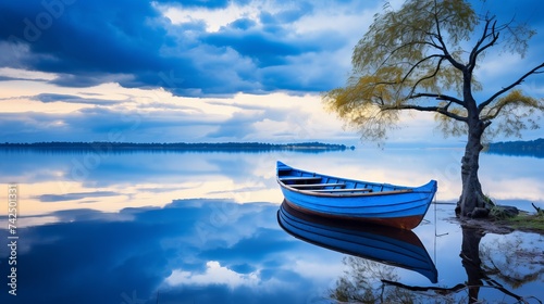 Natural landscape in blue. A boat floating in smooth water at tranquil lake .Many traveller come for relaxing after hard working. This a beautiful gift from the nature