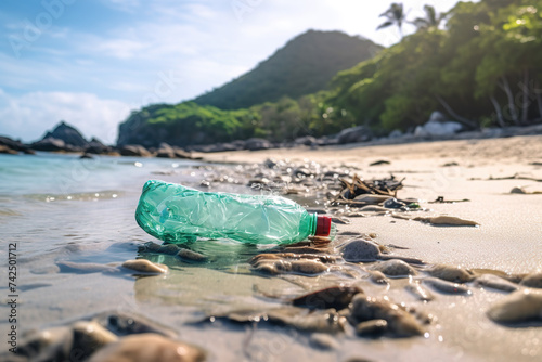 An empty plastic bottle on tropical island. Garbage on the beach. © FutureStock