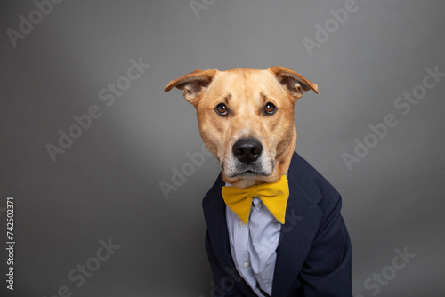 Portrait of a labrador retriever mix dog dressed in a shirt, bow tie and jacket photo