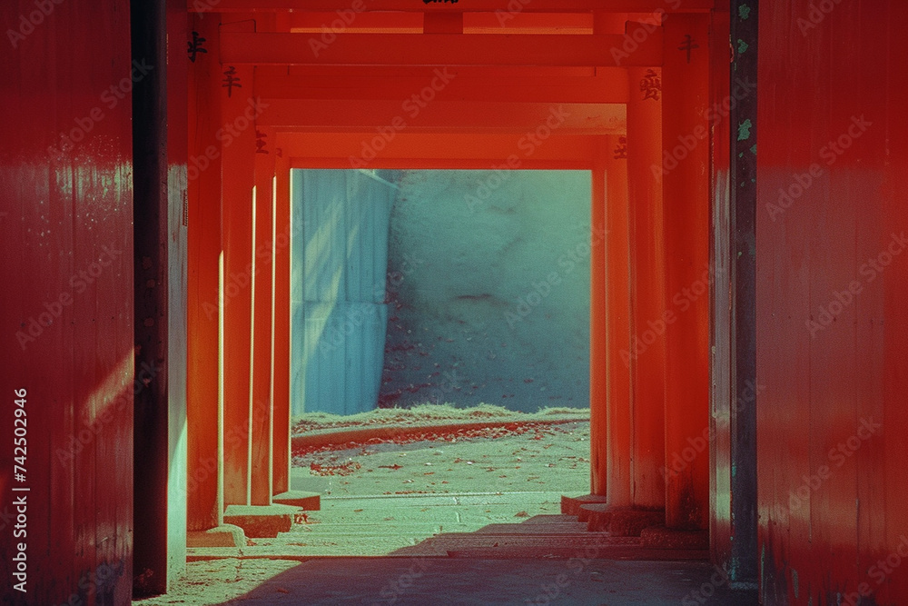An elegant composition capturing the iconic Fushimi Inari Taisha gates leading up the hillside, framed by vibrant torii gates, Japanese minimalistic style, portra 400 film style