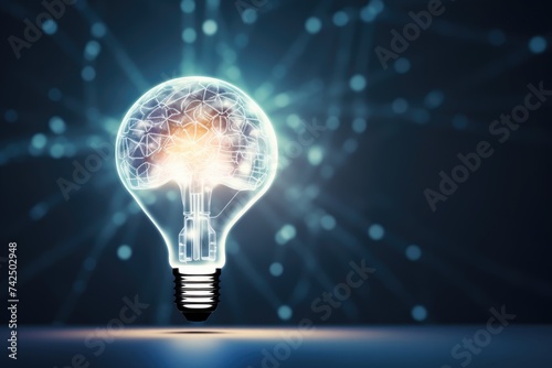 A conceptual image depicting a lightbulb with a glowing brain network, symbolizing innovation, intelligence, and idea generation. Innovation and Cognition: Brain Network Lightbulb