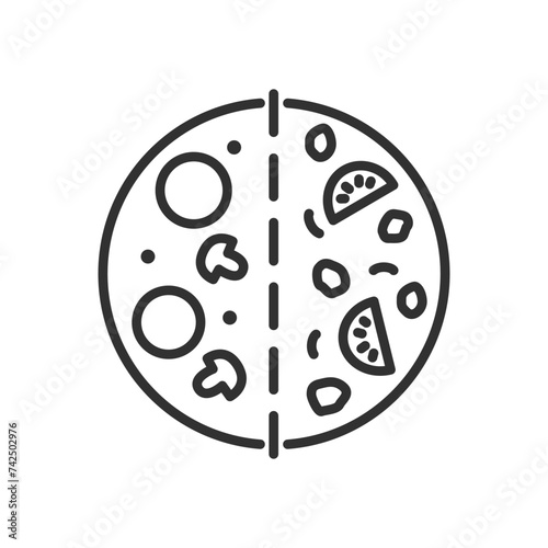 Pizza of two halves, linear icon. Selection of toppings and pizza ingredients. Line with editable stroke