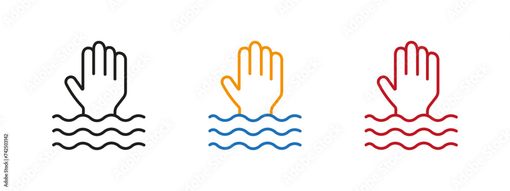 A drowning man. Help. SOS. A vector image. A set of icons.