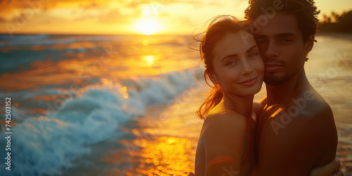 Beautiful brunette woman in the arms of a handsome black man on a coastal tropical beach at sunrise. © bird_saranyoo