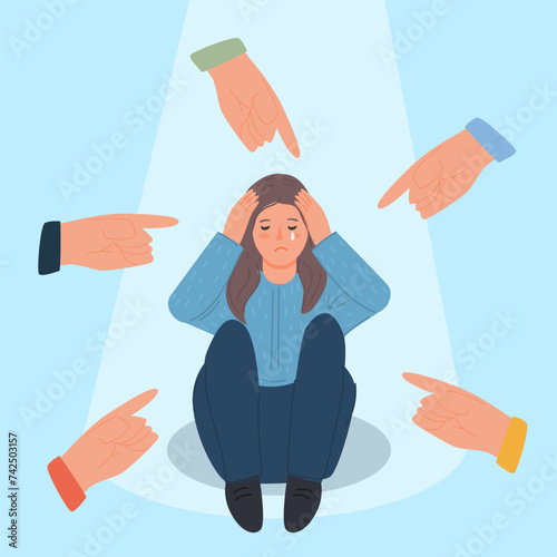 Vector illustration of a girl sitting with her knees to her chest, crying. A finger is pointed at her. condemnation.
