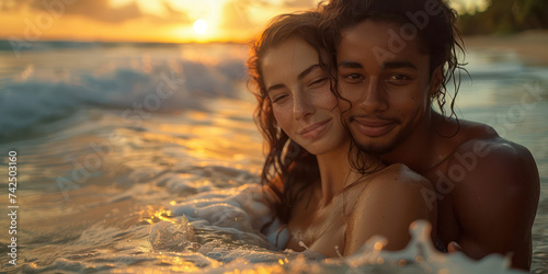 Beautiful brunette woman in the arms of a handsome black man on a coastal tropical beach at sunrise. © bird_saranyoo