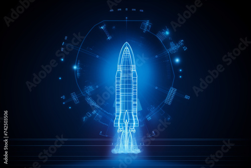 blueprint rocket technology, blue neon color. photo