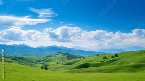 Panorama of beautiful countryside of romania. sunny afternoon. wonderful springtime landscape in mountains. grassy field and rolling hills. rural scenery