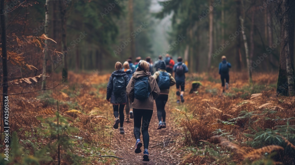 Morning Runners Enjoying a Forest Trail in Autumn,group of Rucking people interacting and moving as a team, Morning Runners Enjoying a Forest Trail in Autumn,group of Rucking people interacting and moving as a team,