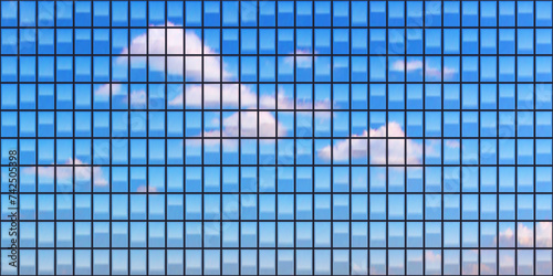 Cloudy sky reflection in the mirror facade of a building. Glass with a panoramic view. Bg pattern with a business or city atmosphere. Gradient mesh in a vector illustration