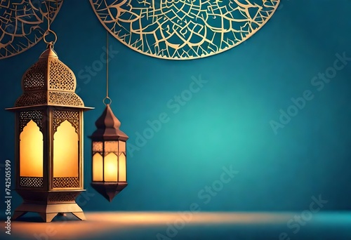 Modern Islamic holiday banner suitable for Ramadan, Raya Hari, Eid al-Adha and Mawlid. Lit lantern on a blue background with empty space photo