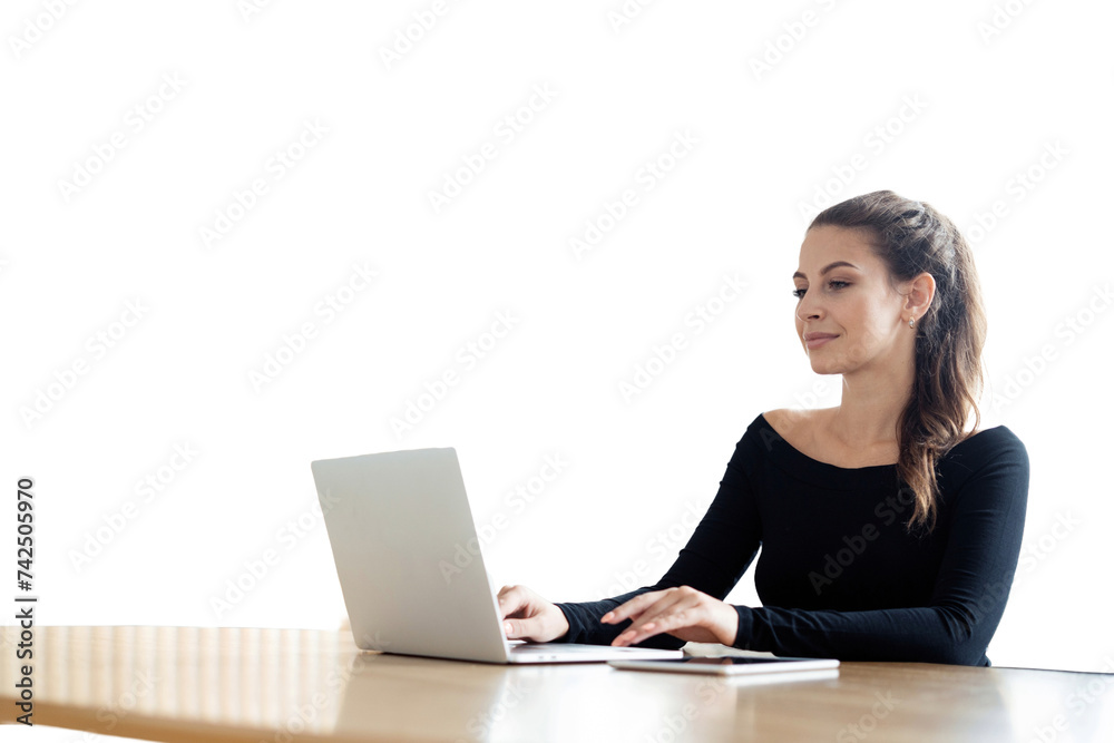 A woman is seen using a creative manager's laptop at work.
A woman is seen using a creative manager's laptop at work.
