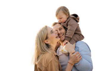 A young family, consisting of a mother, father, and child, are depicted playing together in a happy environment.
