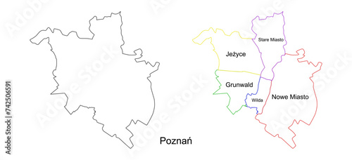 Vector map of Poznan and its districts. Highly detailed vector outline  black silhouette. All isolated on white background