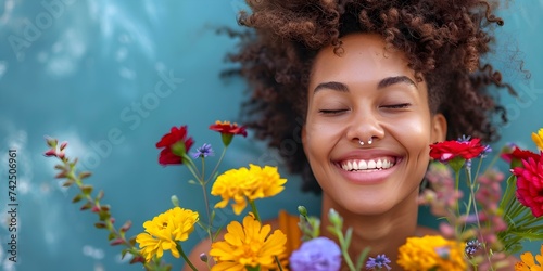 The image of a young woman happily laughing with a colorful bouquet of flowers. Concept Portrait Photography, Joyful Poses, Colorful Props, Outdoor Photoshoot