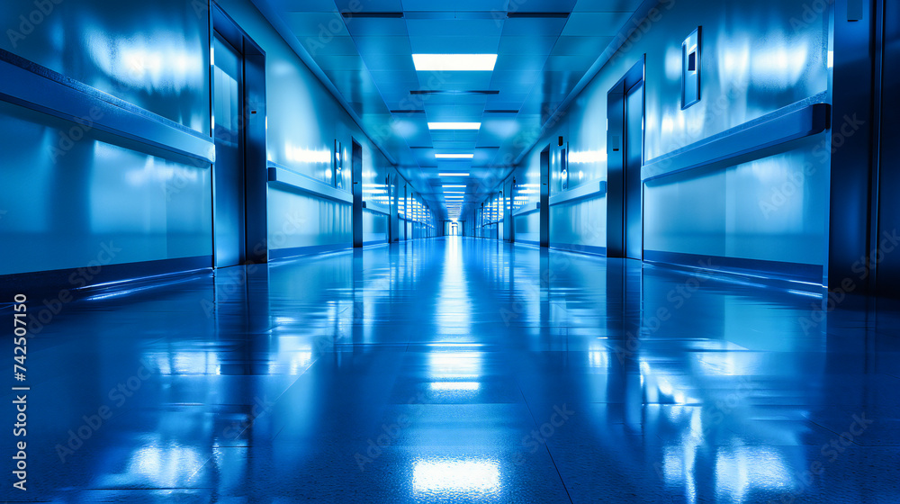Fototapeta premium Modern hospital corridor with a clean, clinical design, illuminated by soft blue lights for a serene medical interior